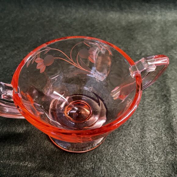Pink Depression Glass Sugar Bowl and Creamer Set With Caddy Etched Flowers - Picture 6 of 12